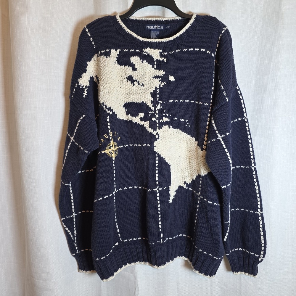 VTG Nautica North and South America Cotton/silk Hand Knit Sweater Size L Blue